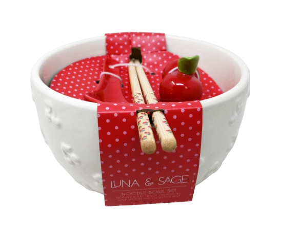 Cherry Noodle Bowl Set - Ceramic Ramen Bowl Gift Set