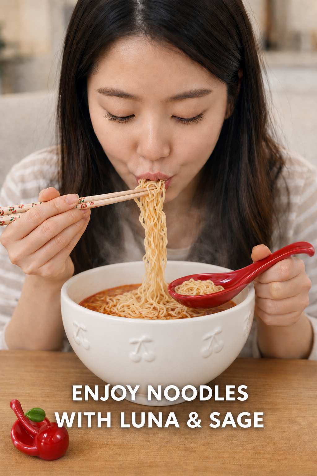 Cherry Noodle Bowl Set - Ceramic Ramen Bowl Gift Set
