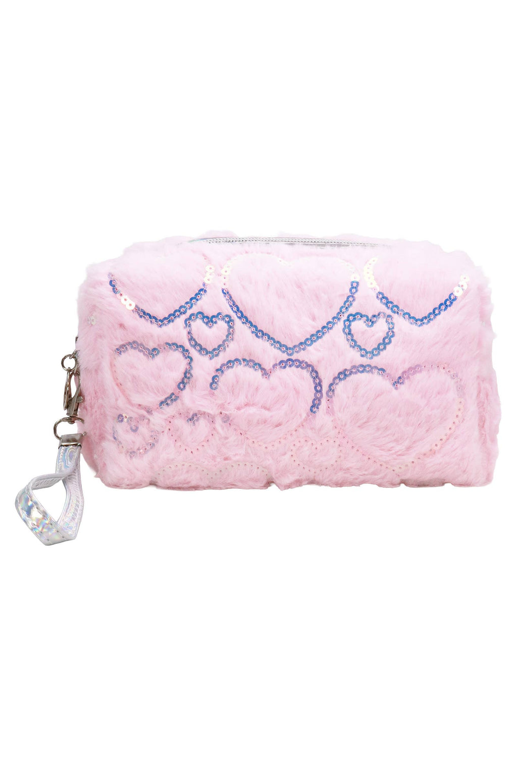 Heart Sequined Fuzzy Fur Cosmetic Pouch Bag