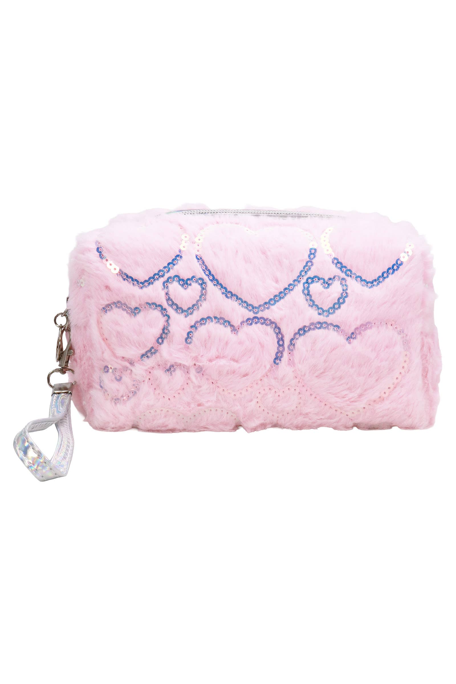 Heart Sequined Fuzzy Fur Cosmetic Pouch Bag