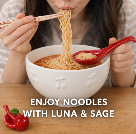 Cherry Noodle Bowl Set - Ceramic Ramen Bowl Gift Set