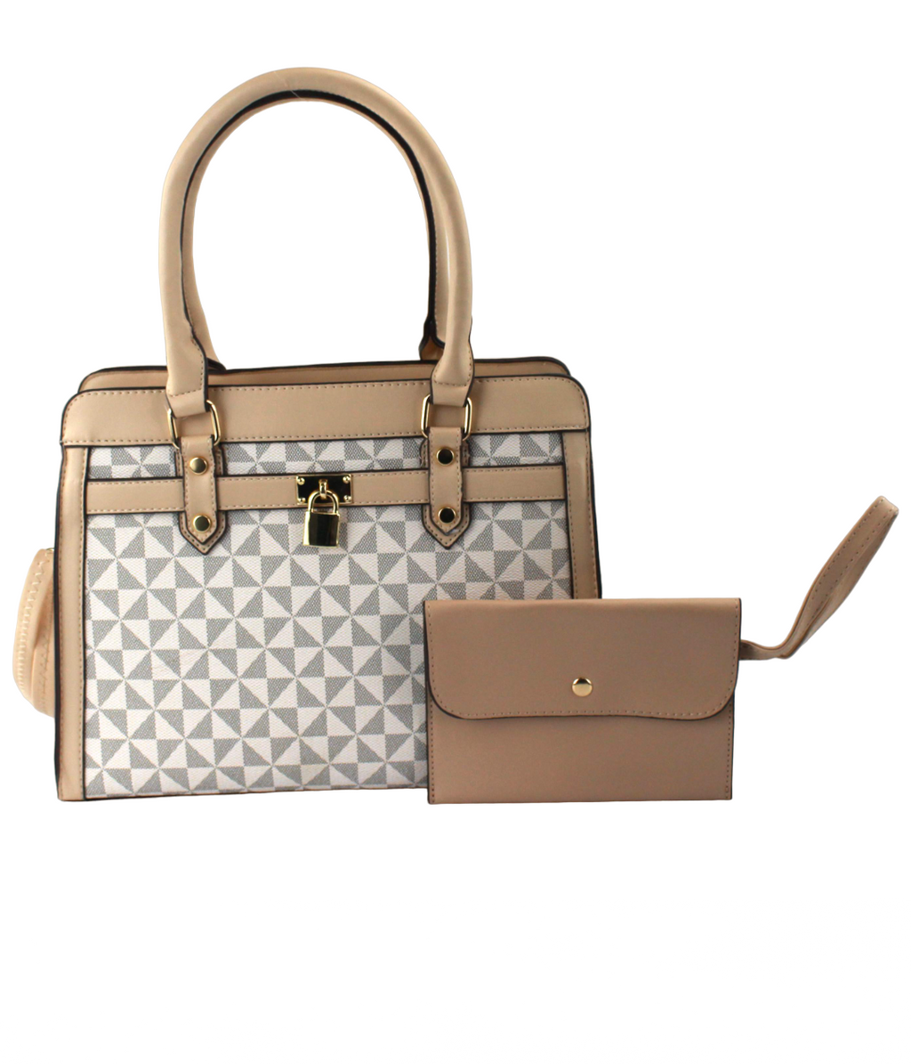 Geometric Satchel Set - 2-Piece Leather Handbag & Pouch