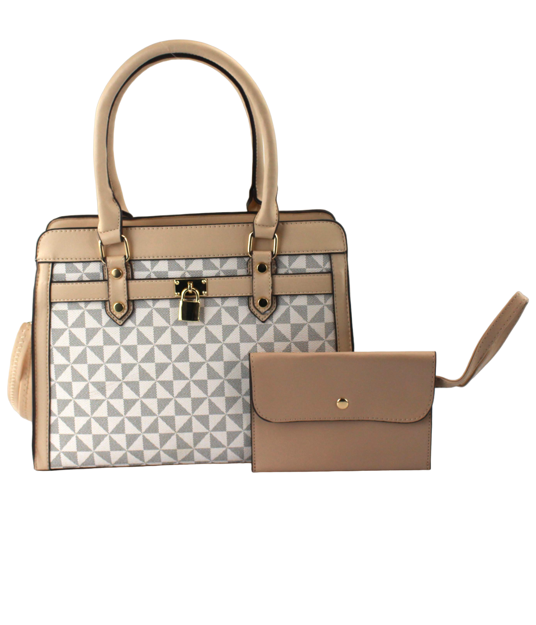 Geometric Satchel Set - 2-Piece Leather Handbag & Pouch