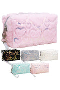 Heart Sequined Fuzzy Fur Cosmetic Pouch Bag
