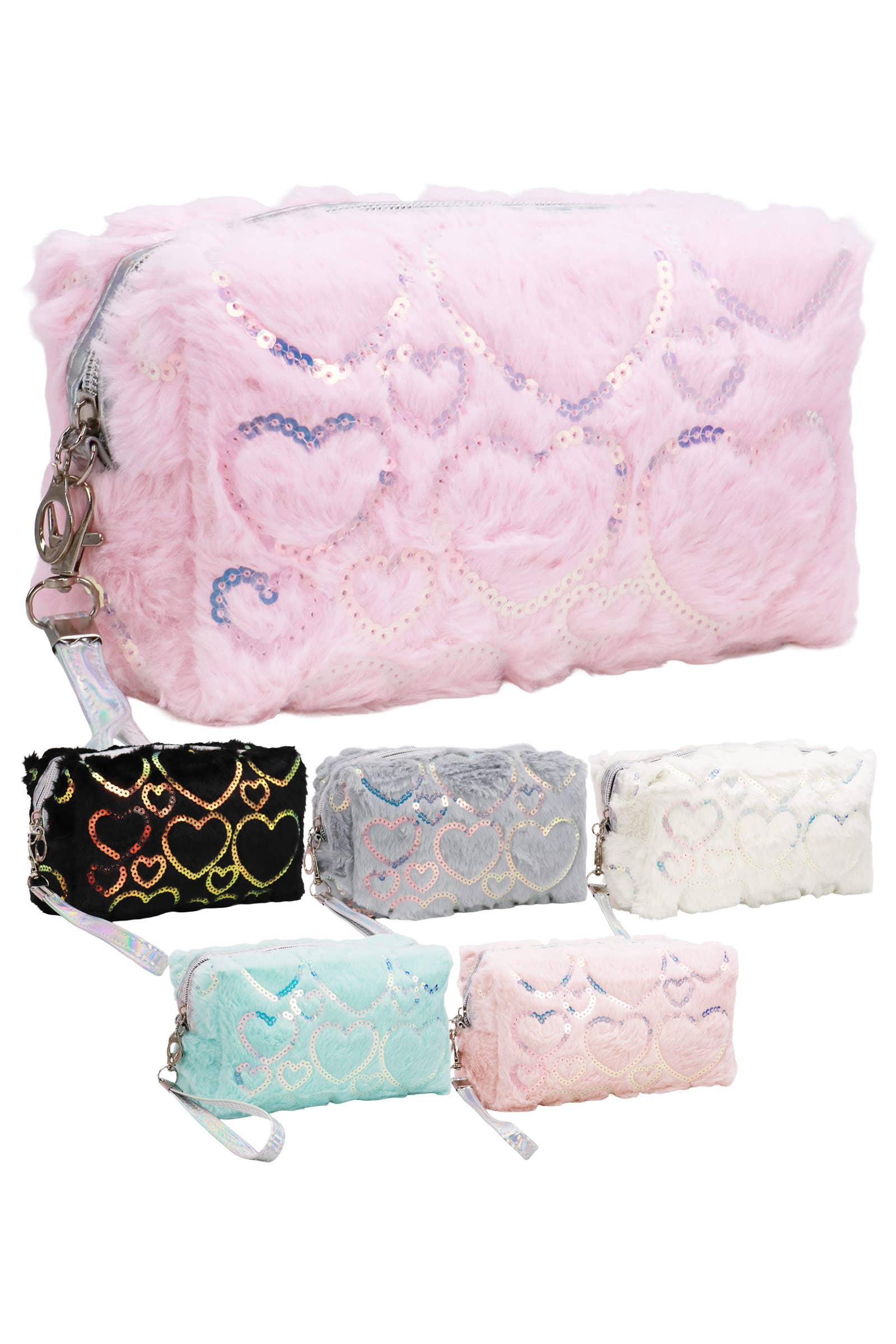 Heart Sequined Fuzzy Fur Cosmetic Pouch Bag
