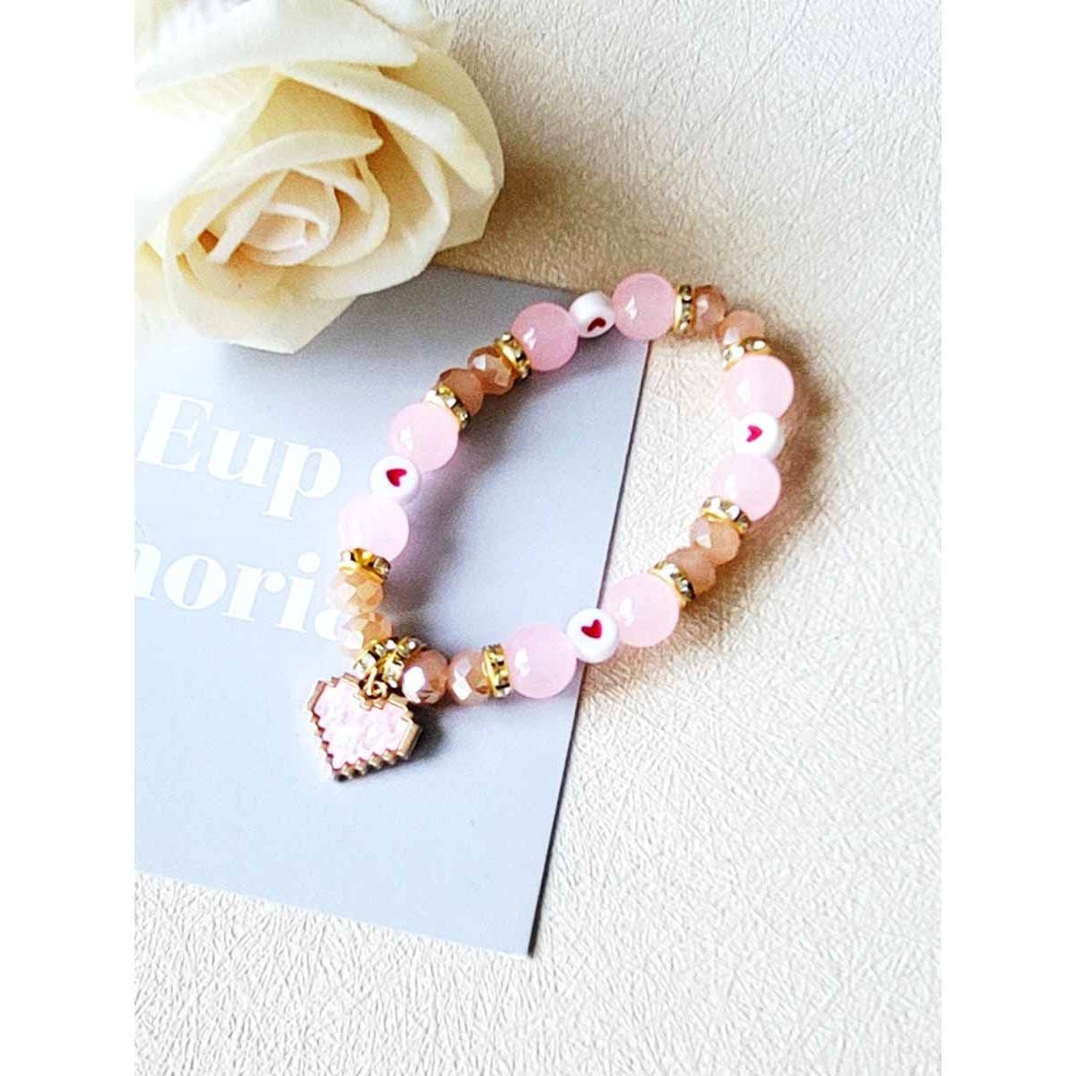 Heart Charm Mix Bead Stretch Bracelet