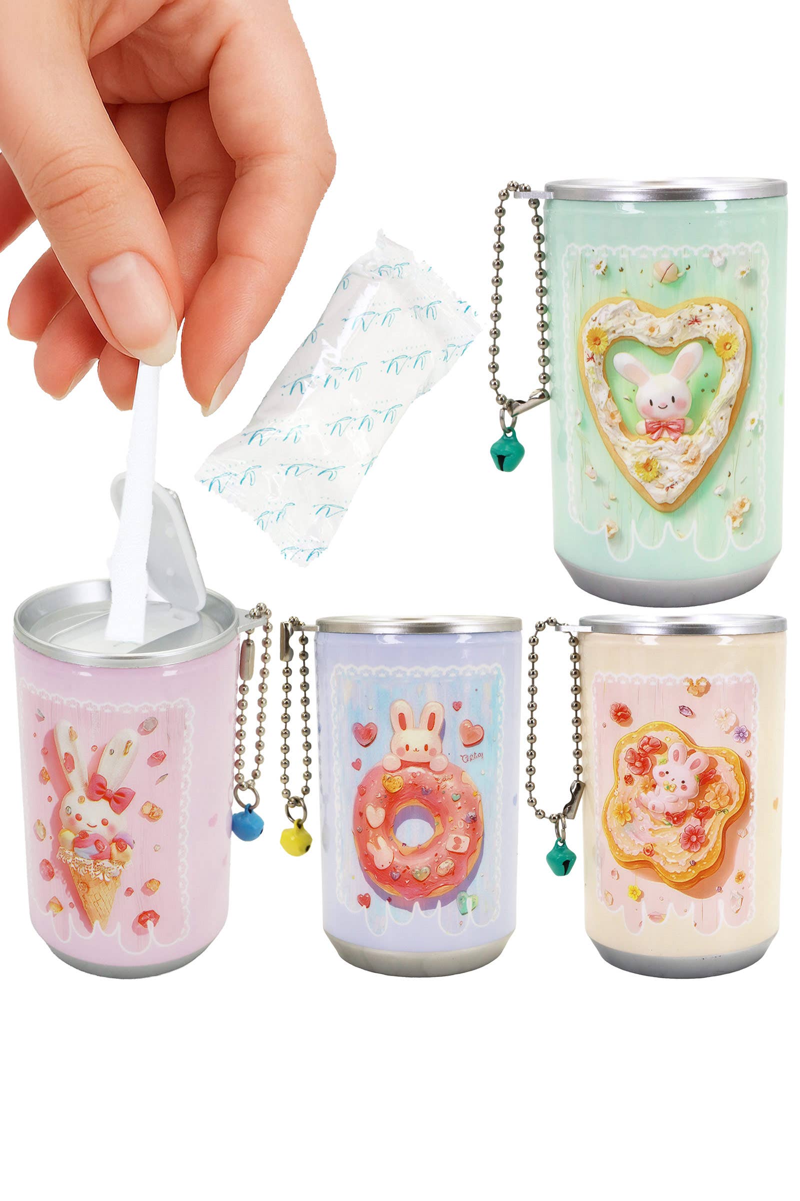 Bunny Rabbit Desserts Soda Pop Can Mini Wet Wipes Keychain