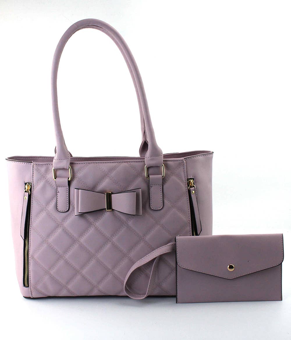 Quilted Satchel Set - 2-Piece Handbag with Matching Wristlet