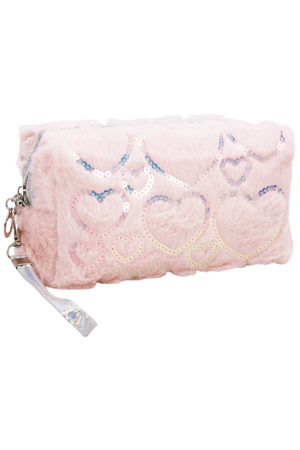 Heart Sequined Fuzzy Fur Cosmetic Pouch Bag