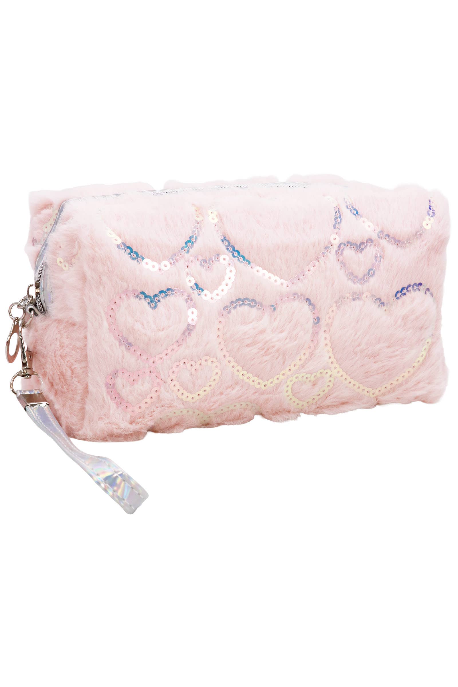 Heart Sequined Fuzzy Fur Cosmetic Pouch Bag