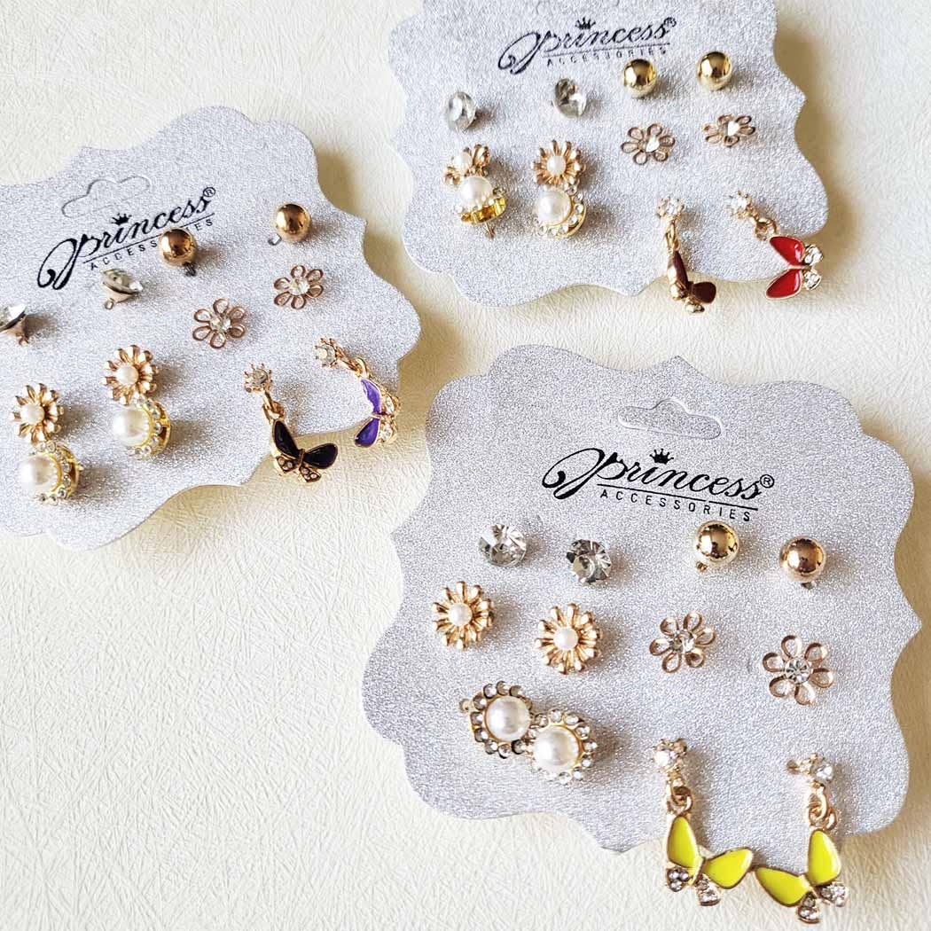6 Pair Butterfly and Pearl Stud Earrings Set