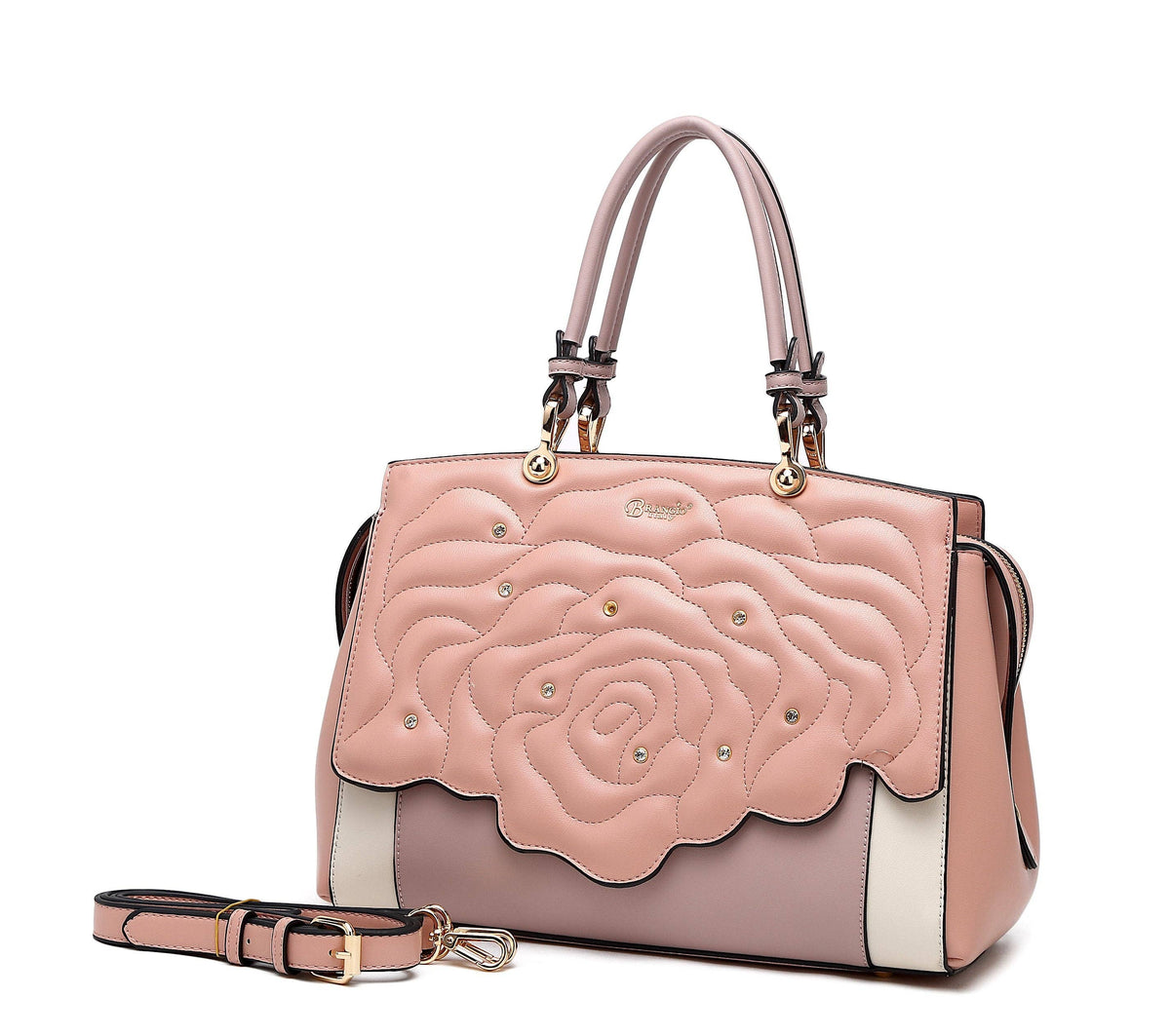 Brangio Italy Elegant Rose Embellished Satchel Bag + Wallet