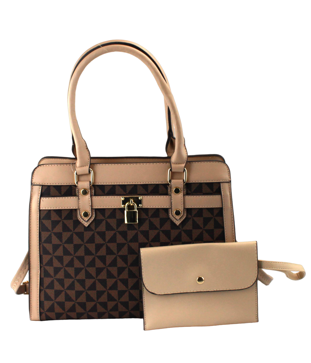 Geometric Satchel Set - 2-Piece Leather Handbag & Pouch