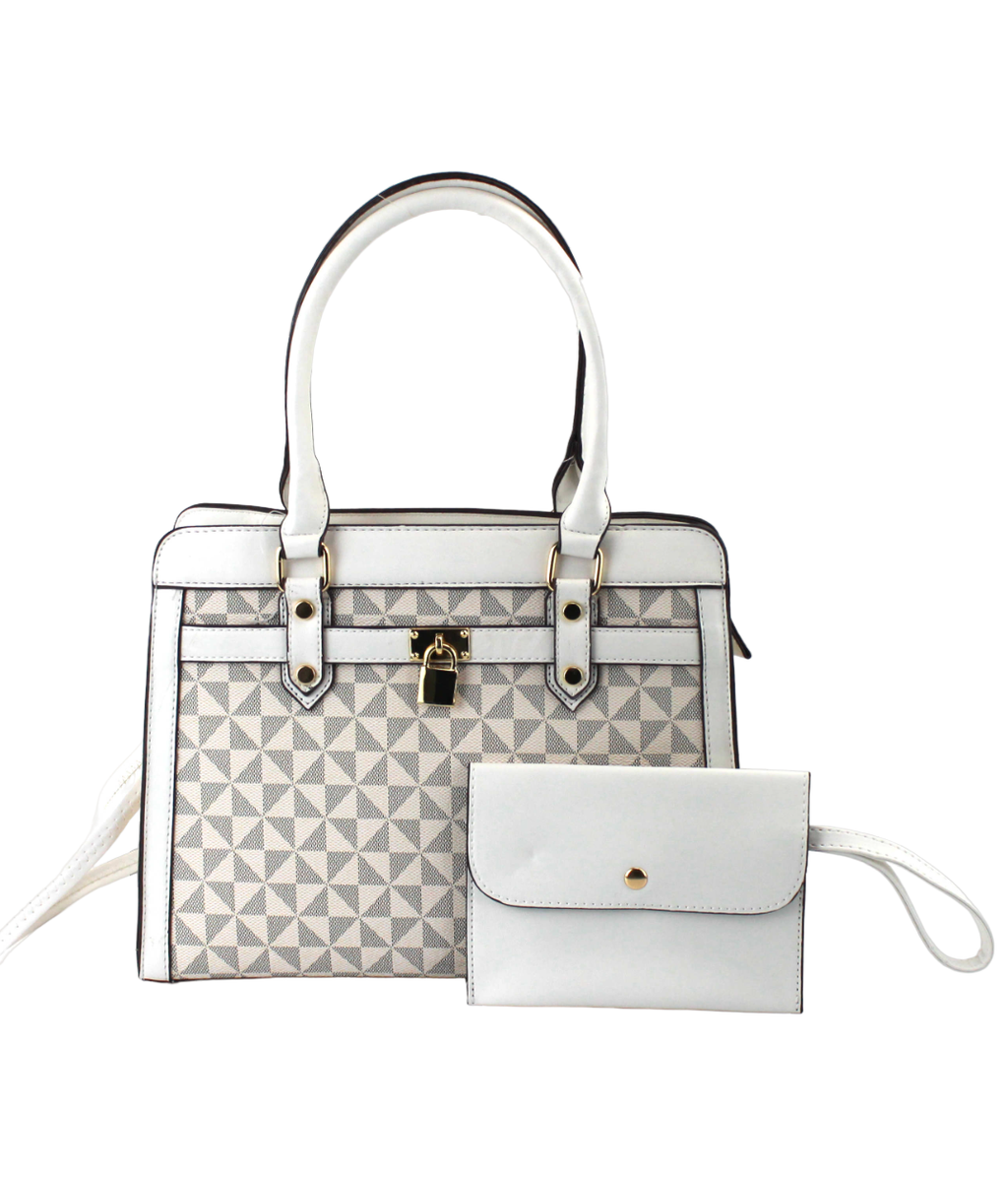 Geometric Satchel Set - 2-Piece Leather Handbag & Pouch