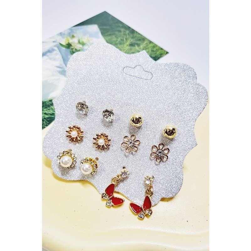 6 Pair Butterfly and Pearl Stud Earrings Set