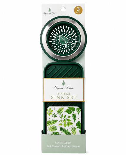 3 Piece Green Sink Set - Strainer/Tray/Sponge