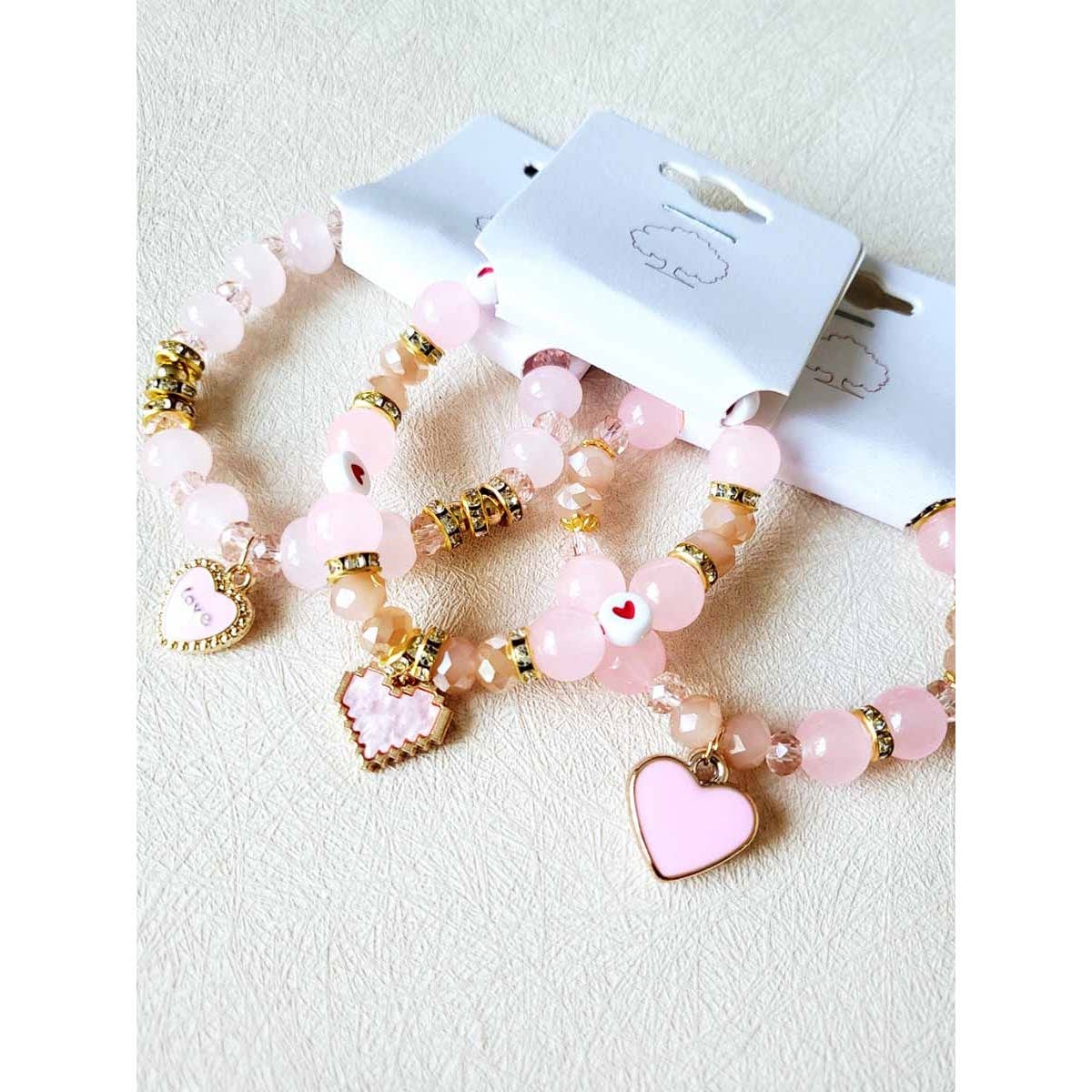 Heart Charm Mix Bead Stretch Bracelet