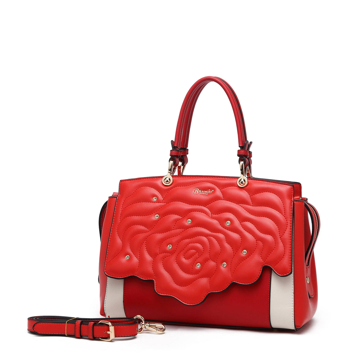 Brangio Italy Elegant Rose Embellished Satchel Bag + Wallet