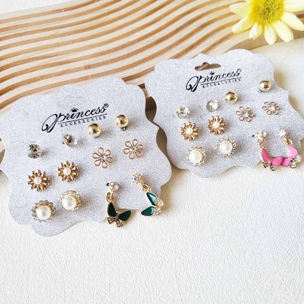 6 Pair Butterfly and Pearl Stud Earrings Set