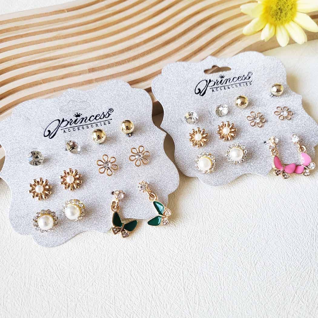 6 Pair Butterfly and Pearl Stud Earrings Set