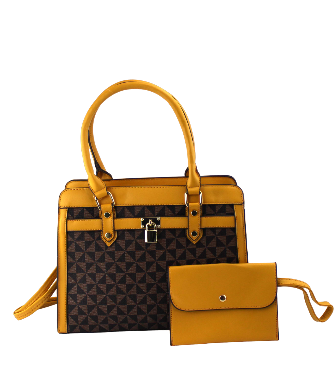 Geometric Satchel Set - 2-Piece Leather Handbag & Pouch