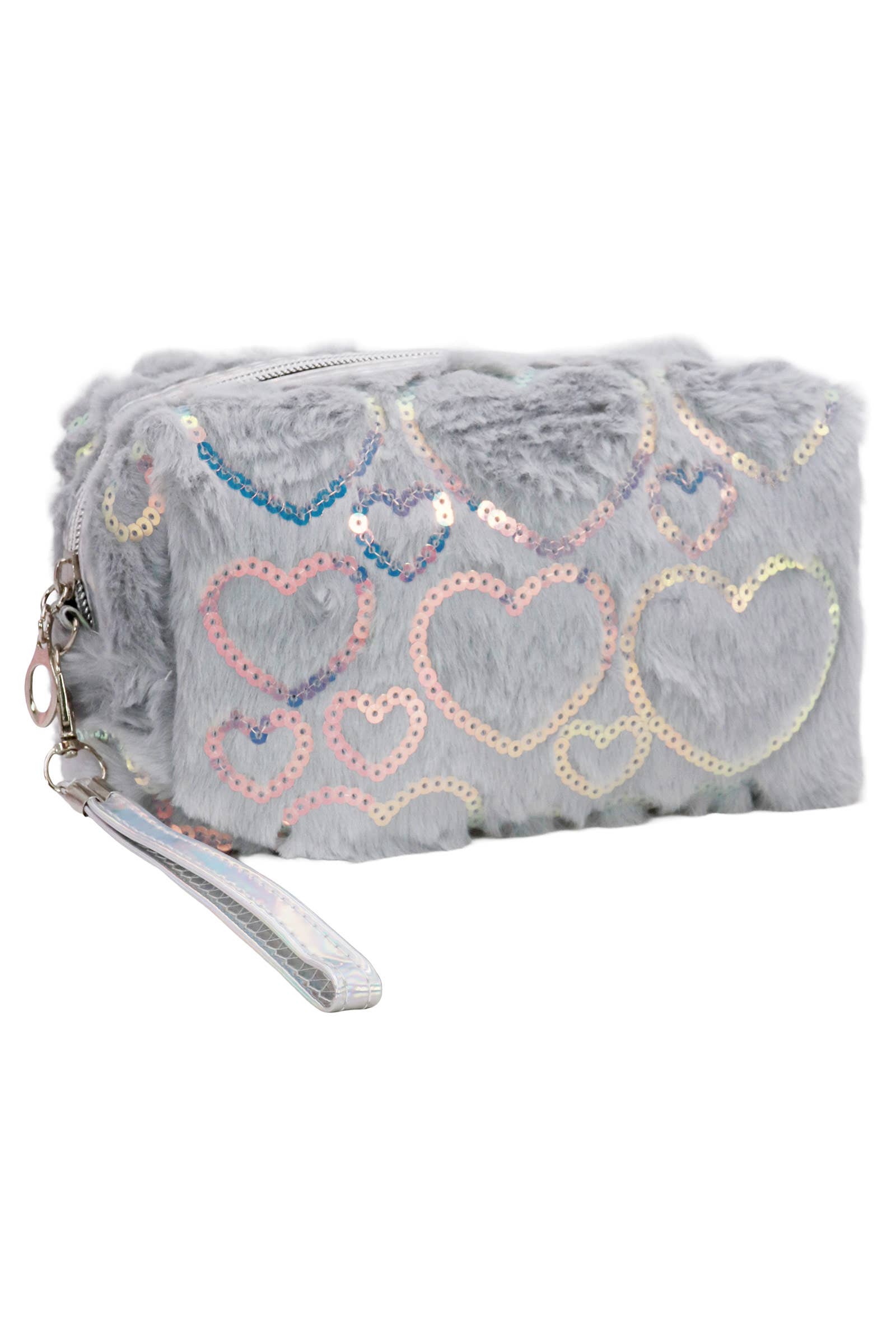 Heart Sequined Fuzzy Fur Cosmetic Pouch Bag