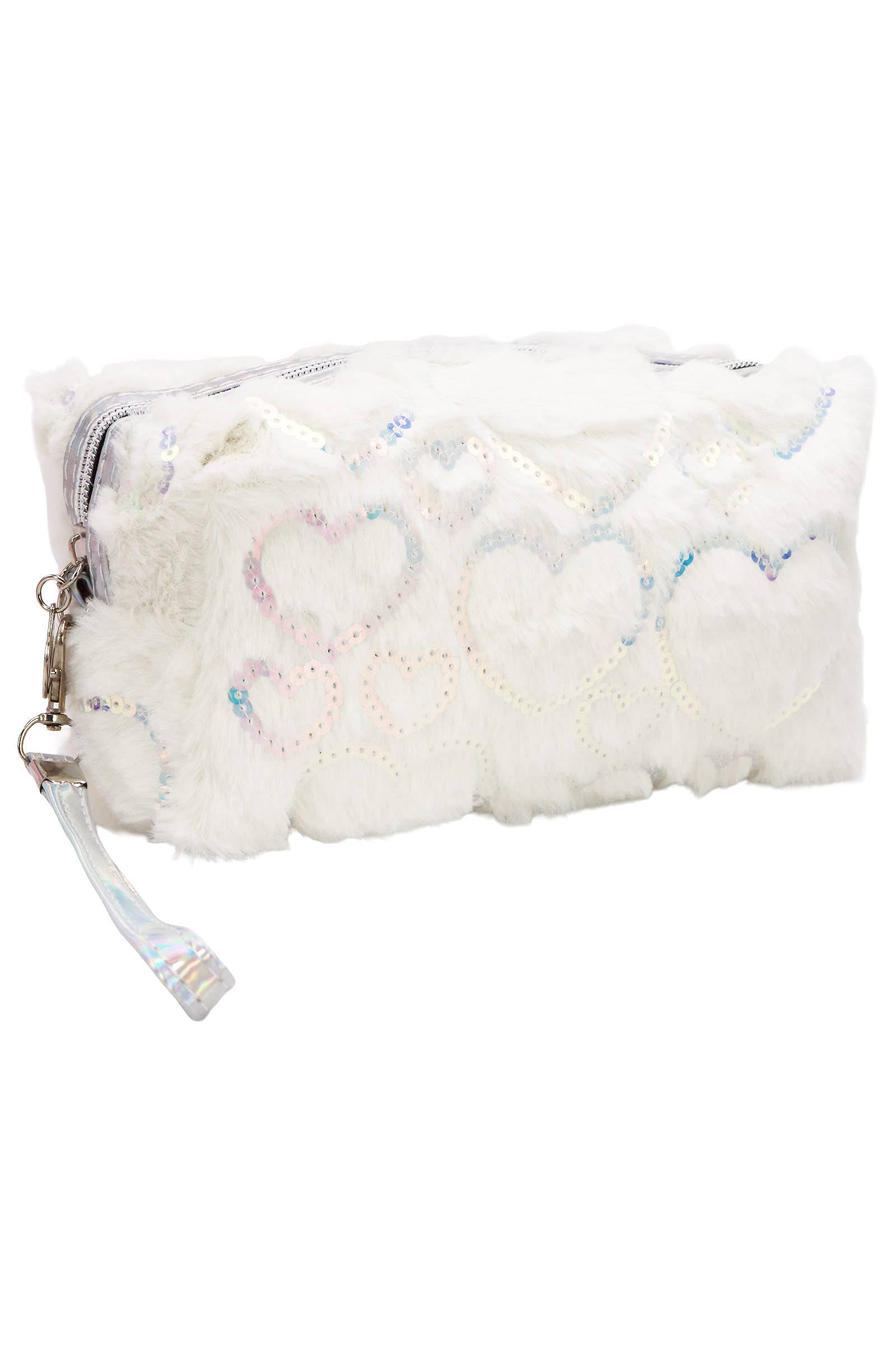 Heart Sequined Fuzzy Fur Cosmetic Pouch Bag