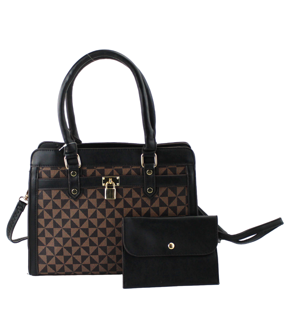 Geometric Satchel Set - 2-Piece Leather Handbag & Pouch