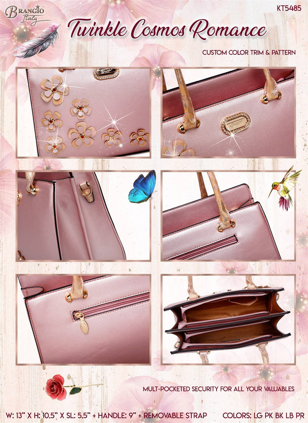 Brangio Italy Elegant Metallic Twinkle Cosmos Floral Handbag