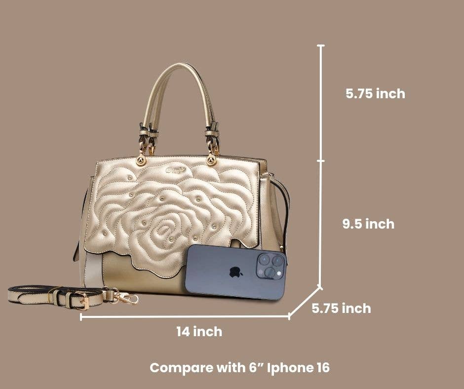 Brangio Italy Elegant Rose Embellished Satchel Bag + Wallet