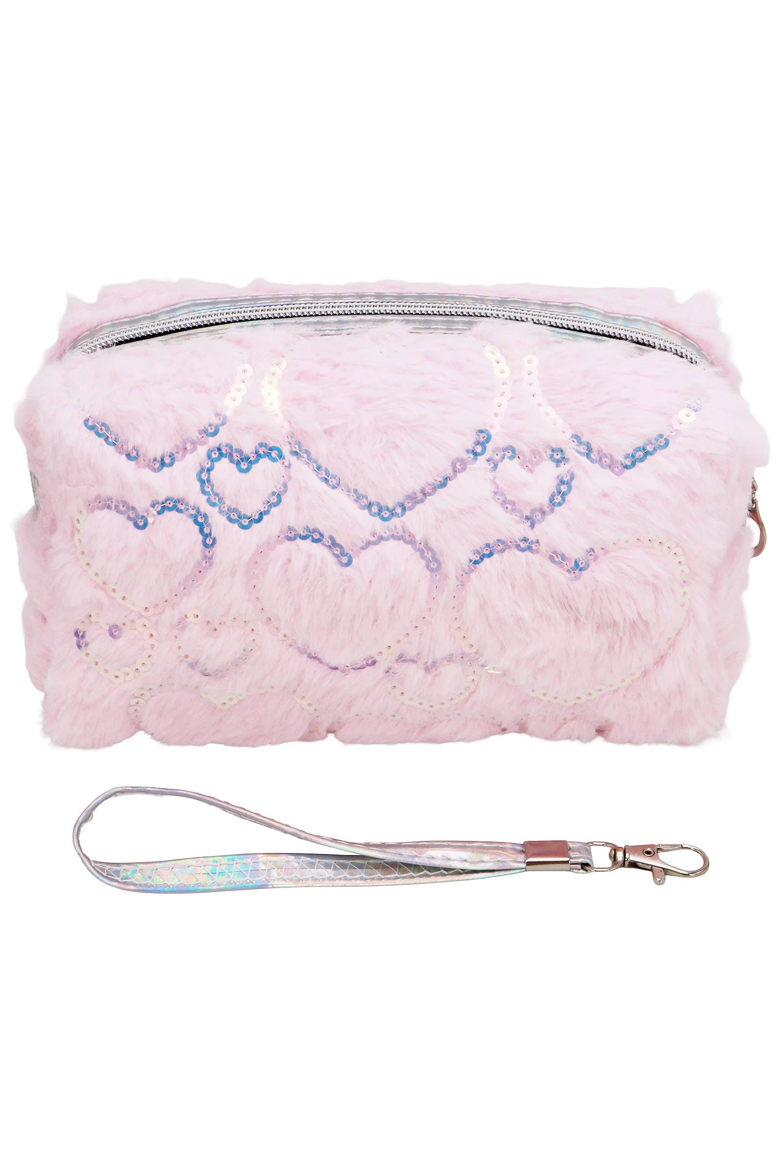 Heart Sequined Fuzzy Fur Cosmetic Pouch Bag