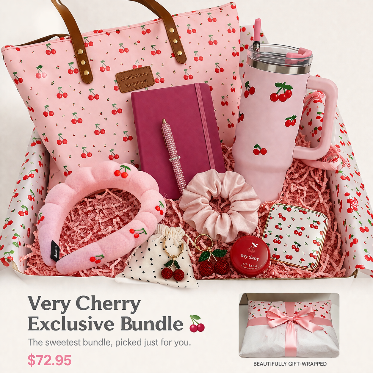Very Cherry Limited Edition.                   *40oz Stainless Steel tumblr                 *Beach Bag *Full Size Journal *Fancy Pen *Cosmetic Mirror *Spa Headband *Scrunchie *KeyChain *Charms &     Lip Balm .
