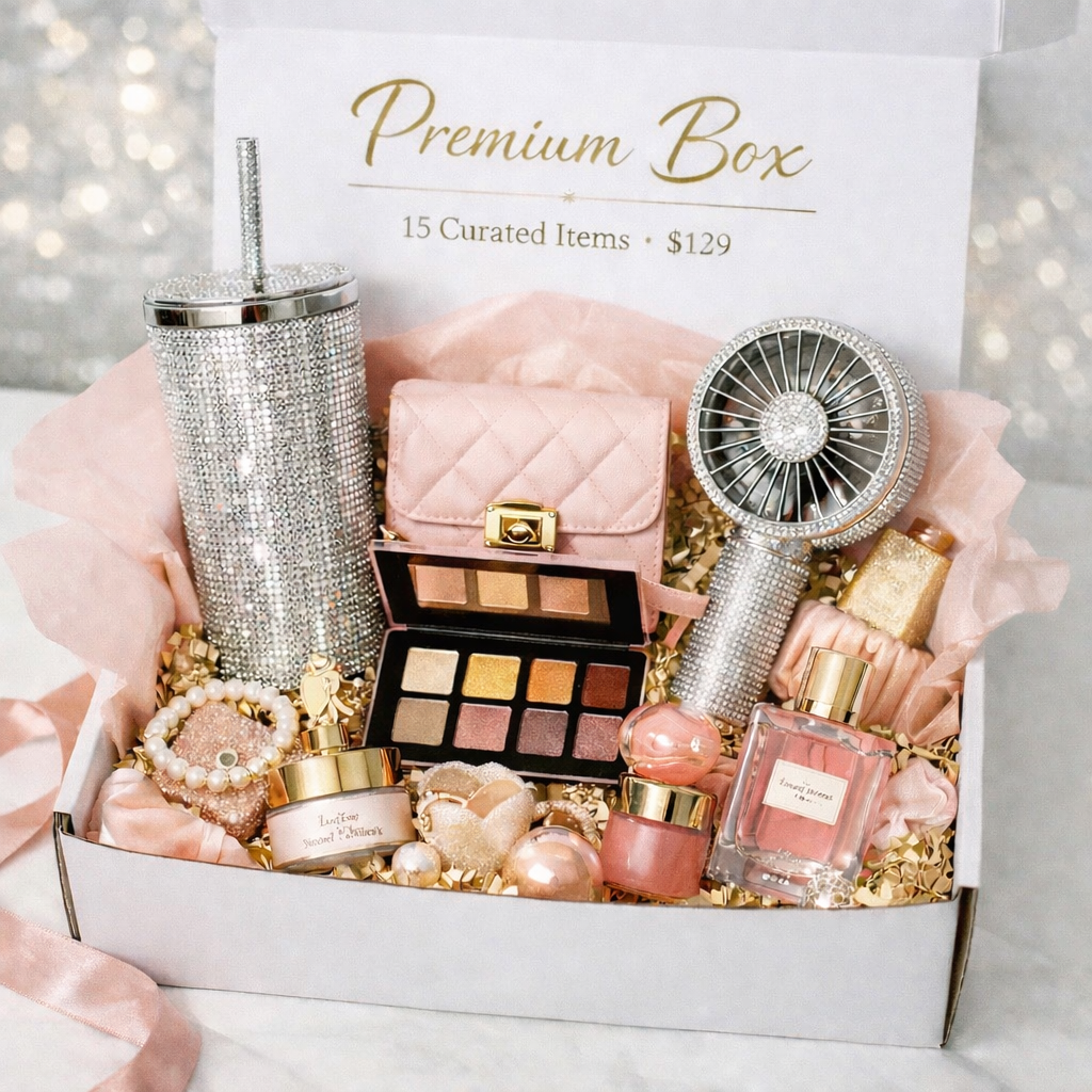 Premium Mystery Box                         One Card Luxe Pull from our Ultra Premium Collection. Incl. Handbag, Luxe Makeup Palette, Crystal Fan or PremiumTumblr                                     14 Mystery Balls. (No Exclusions)