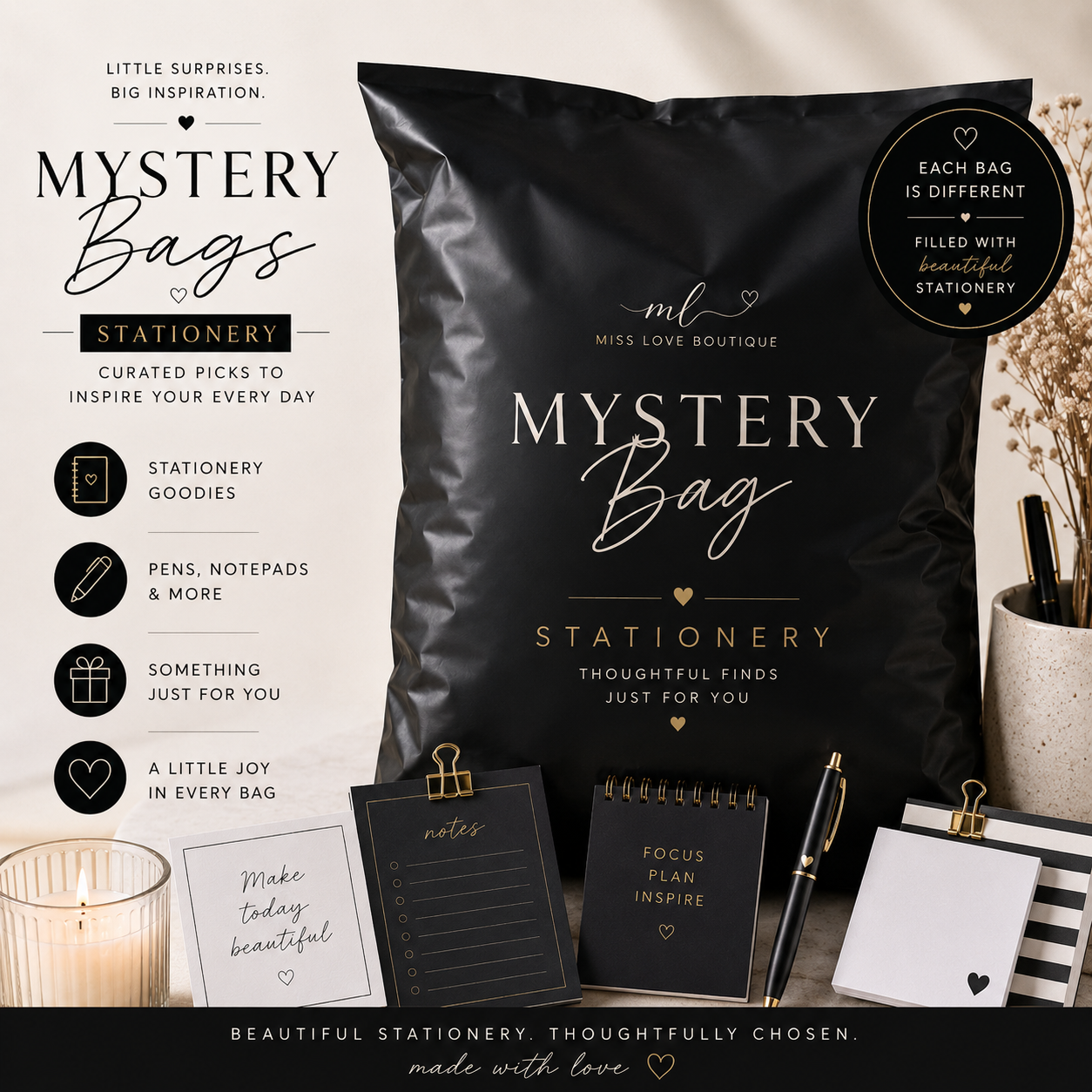 Scoop Mystery Bags – Stationery

Perfect for stationery lovers! Each bag includes a fun assortment of notebooks, pens, bookmarks, pencil cases, sticky notes, and other stationery surprises. Every bag is different, making each one a unique surprise.