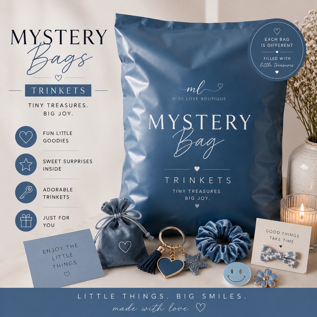 Scoop Mystery Bags – Trinkets

Love the little extras? This bag is filled with a fun assortment of trinkets from the Scoop Board, including keychains, charms, accessories, and other surprise finds. Every bag is different, making each one a unique surprise