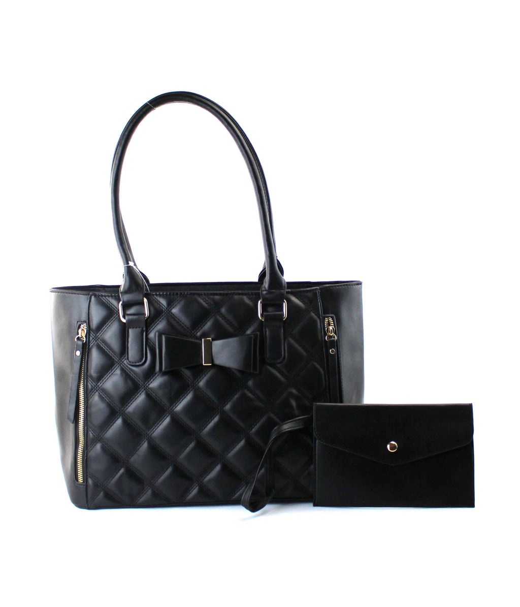 Quilted Satchel Set - 2-Piece Handbag with Matching Wristlet