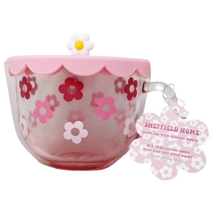 Pink Daisy Tea Cup - Glass Mug with Silicone Lid