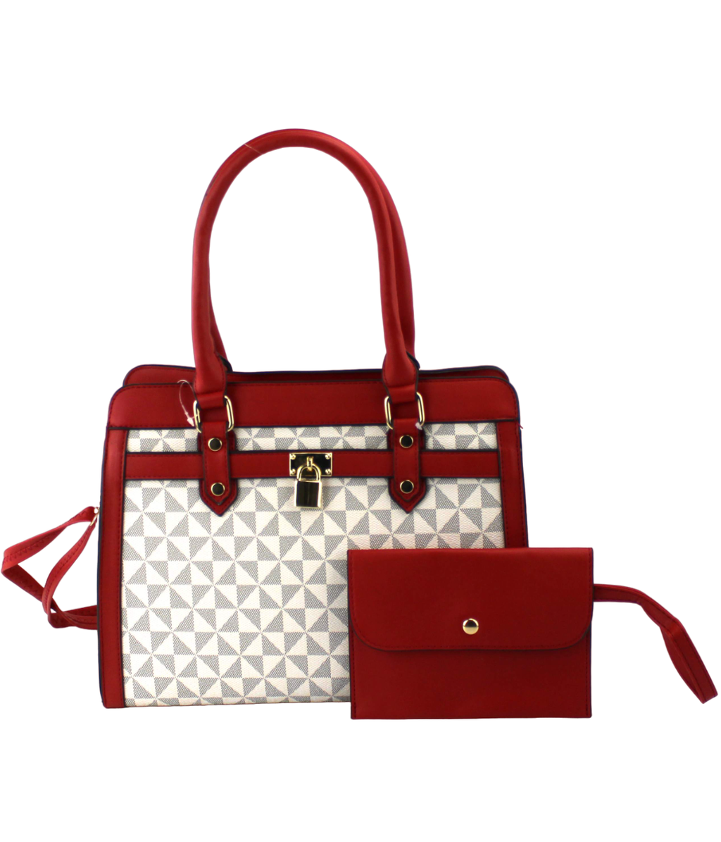 Geometric Satchel Set - 2-Piece Leather Handbag & Pouch