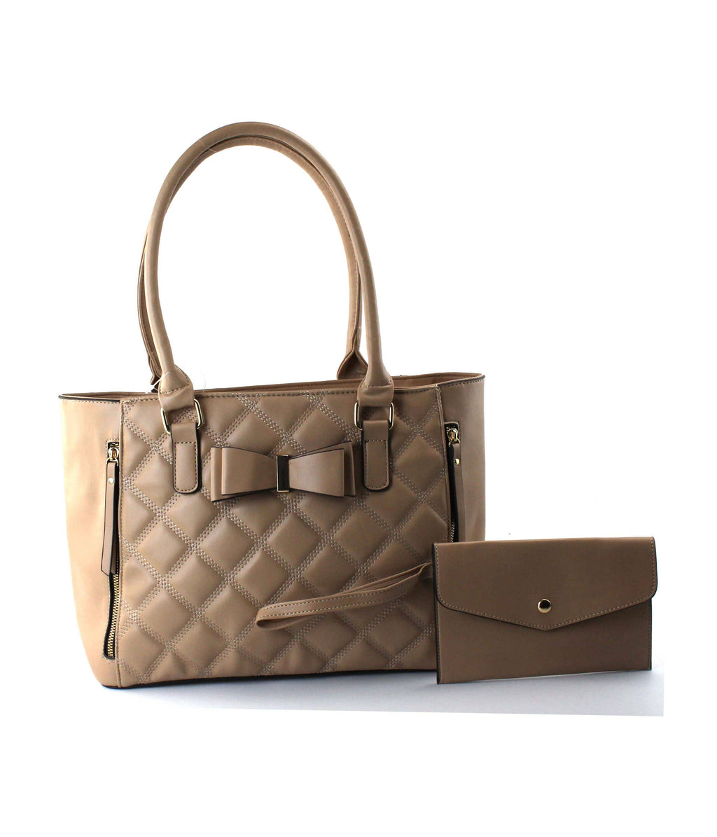 Quilted Satchel Set - 2-Piece Handbag with Matching Wristlet