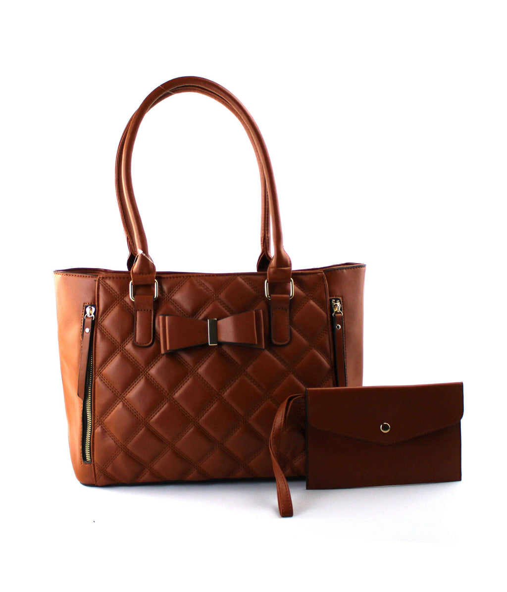 Quilted Satchel Set - 2-Piece Handbag with Matching Wristlet