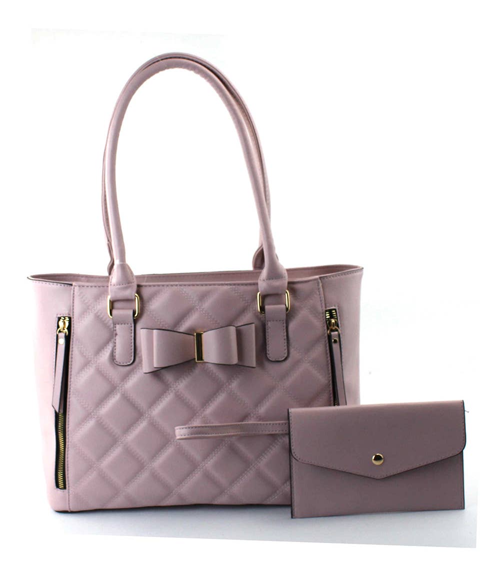 Quilted Satchel Set - 2-Piece Handbag with Matching Wristlet