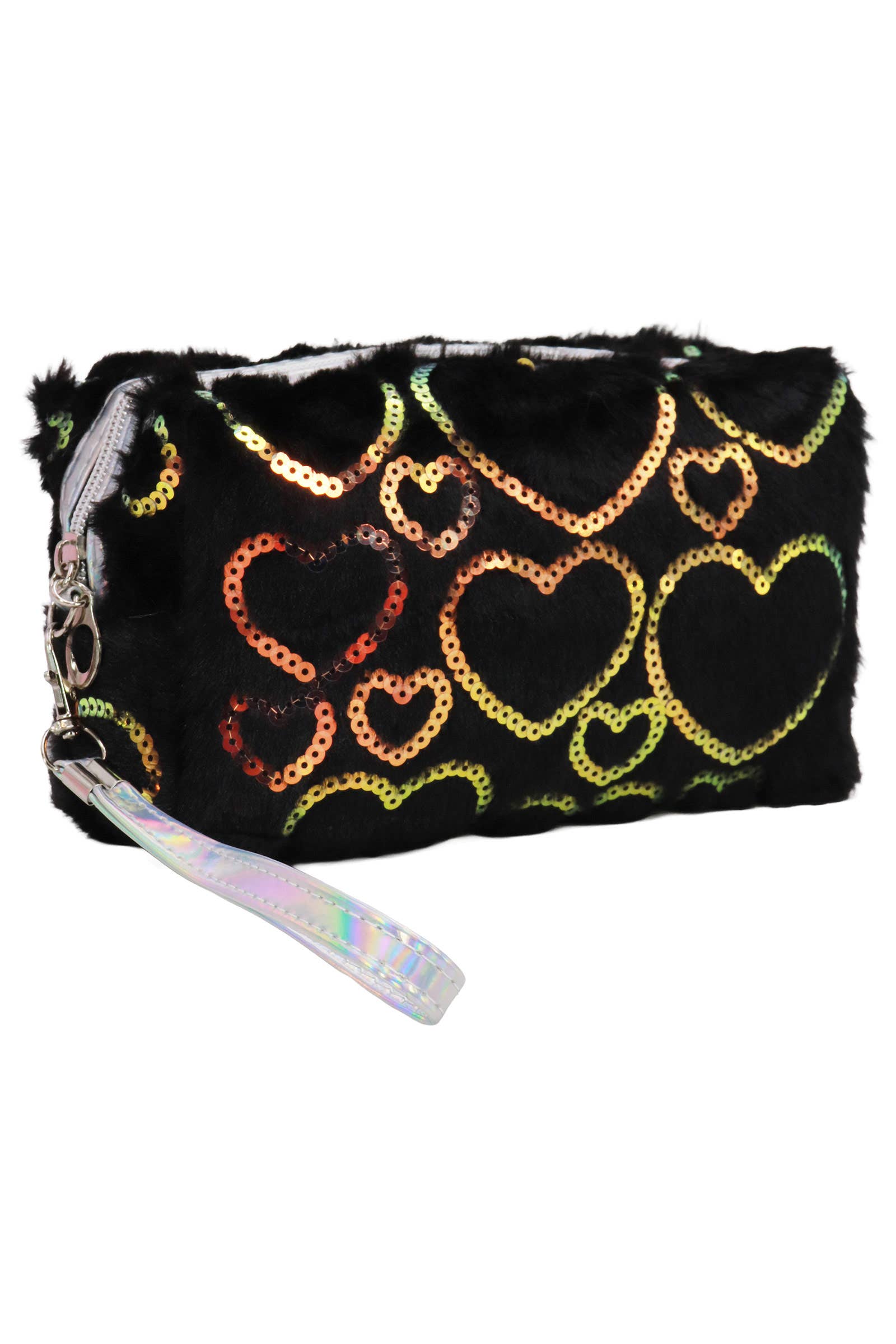 Heart Sequined Fuzzy Fur Cosmetic Pouch Bag