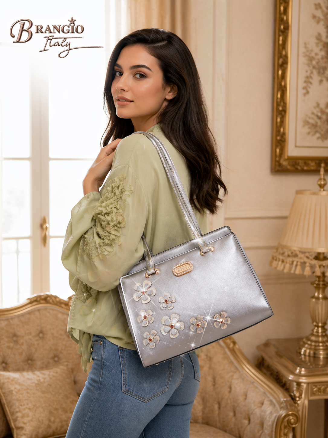 Brangio Italy Elegant Metallic Twinkle Cosmos Floral Handbag