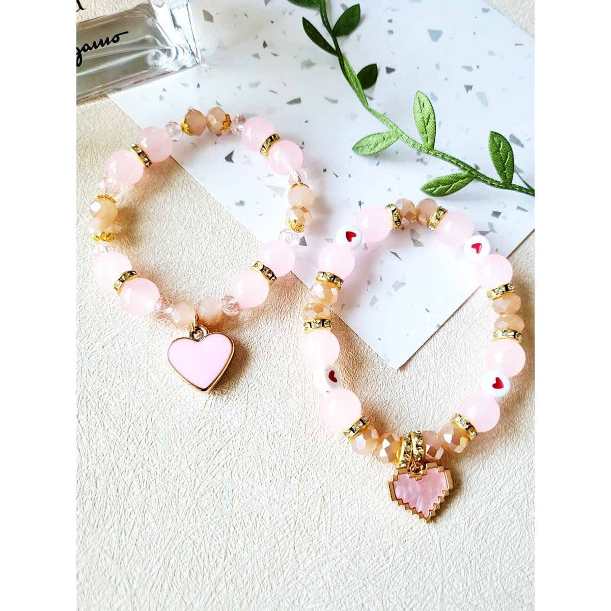 Heart Charm Mix Bead Stretch Bracelet