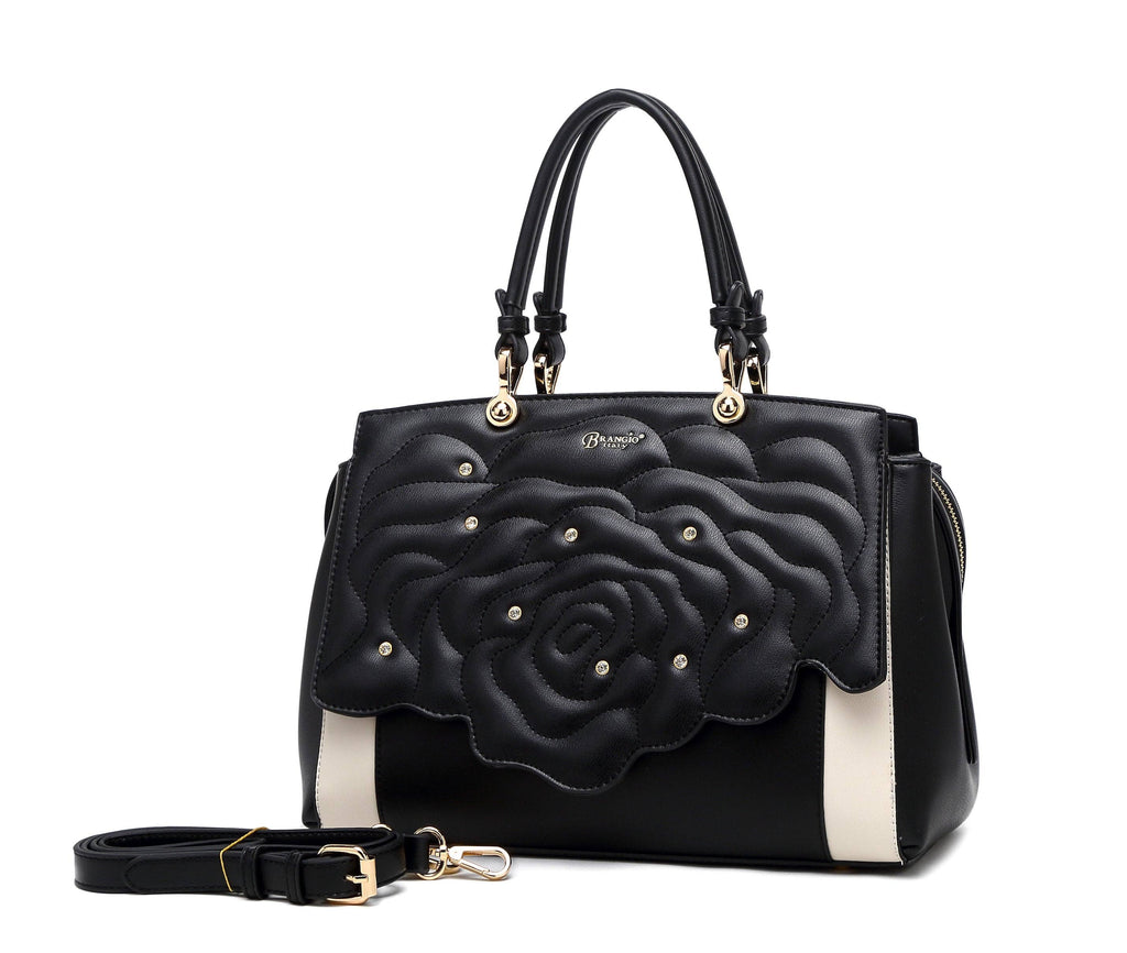 Brangio Italy Elegant Rose Embellished Satchel Bag + Wallet