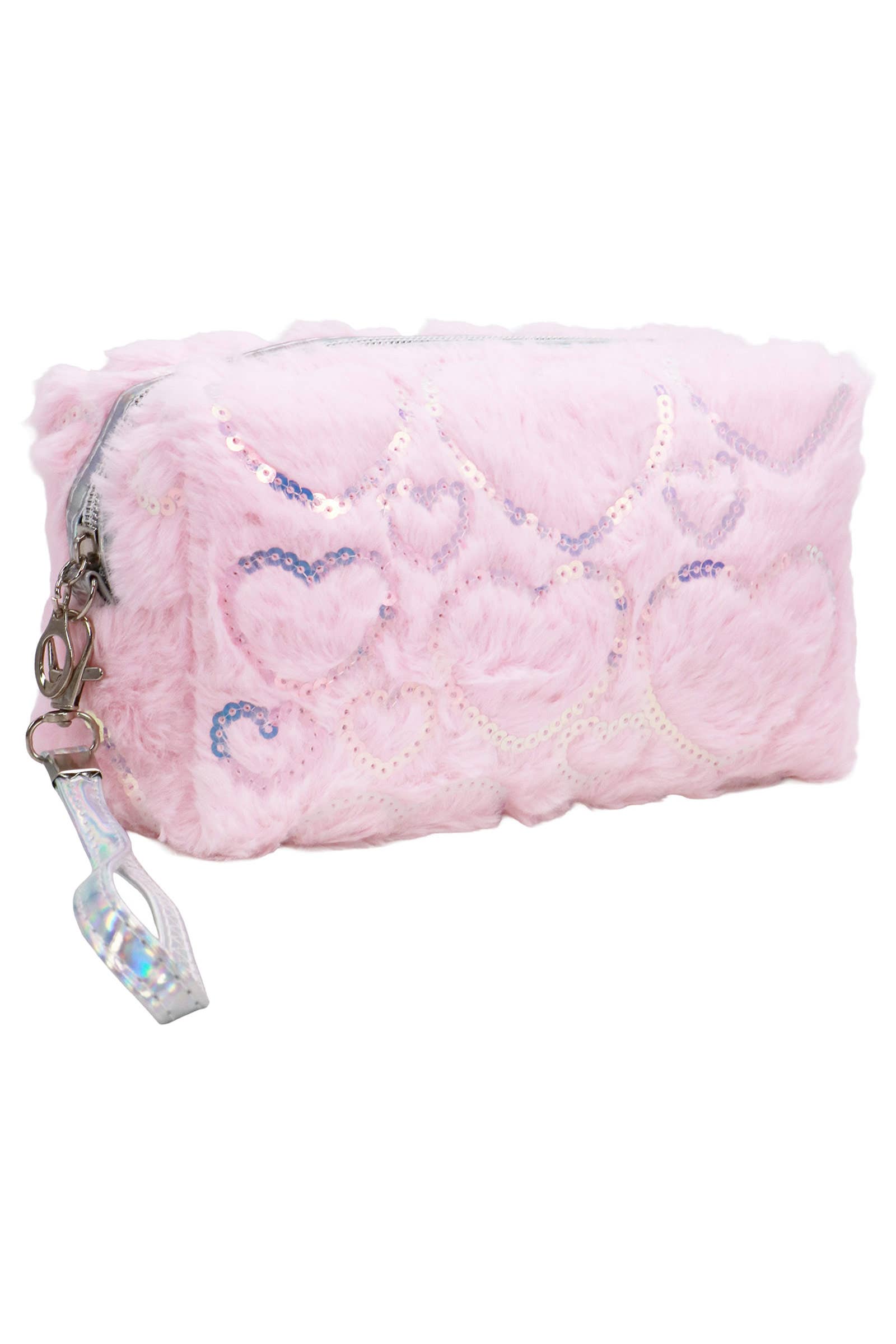 Heart Sequined Fuzzy Fur Cosmetic Pouch Bag