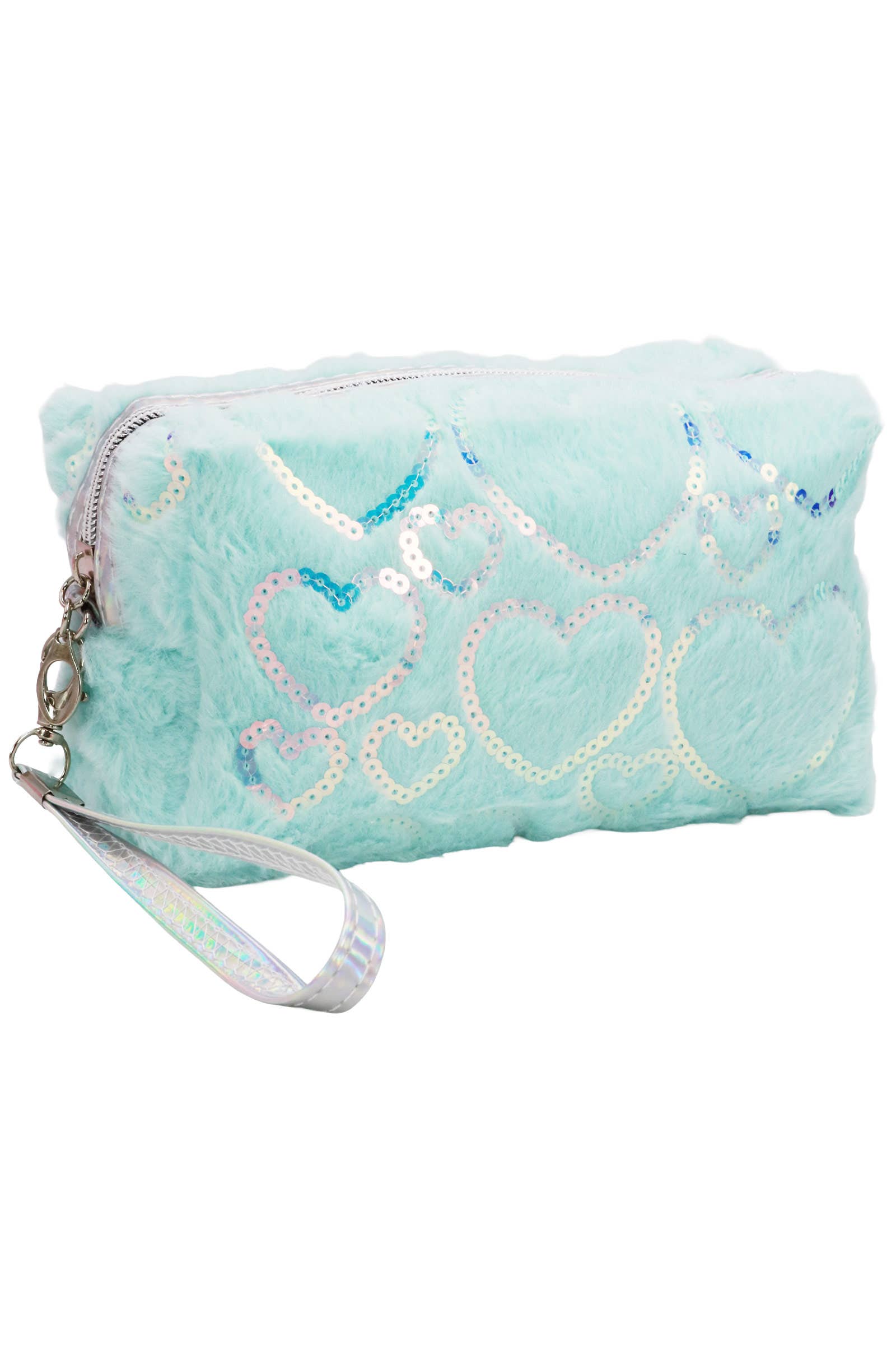 Heart Sequined Fuzzy Fur Cosmetic Pouch Bag